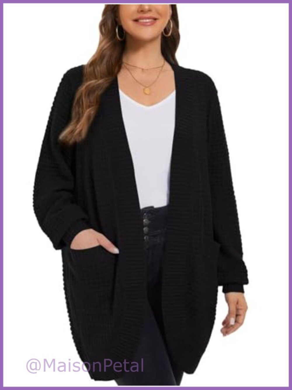 Women's Plus Size Open Front Cardigan Waffle Knit Long Sleeve Sweater